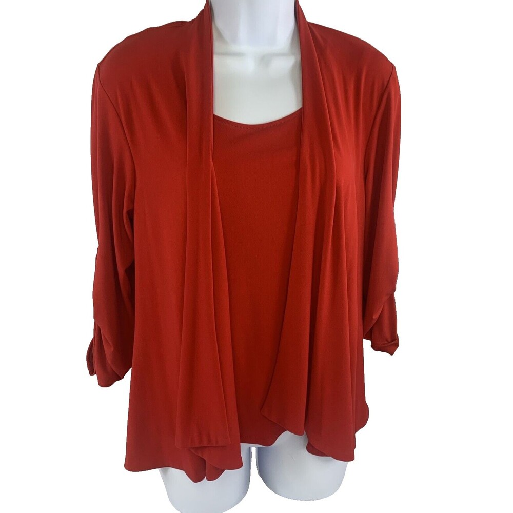 Andria Lieu Open Cardigan & Tank Set Women's Size S Red Roll Tab Sleeve VTG 90s